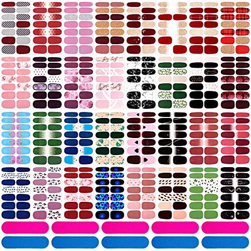 448 Pieces 32 Sheets Full Nail Stickers Wraps Adhesive Fingernail Stickers Various Pattern Nail Wraps Sticker Nail Decals Strips with Nail Files for Women DIY Nail Decoration Art ()