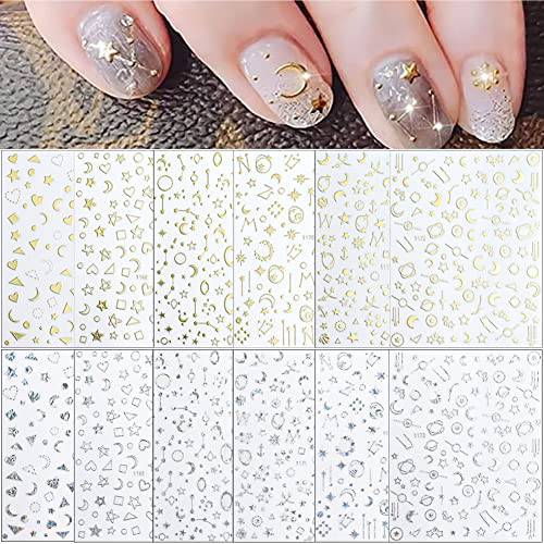 12 Sheets Gold Nail Art Stickers Decals,Nail Supplies 3D Self-Adhesive Nail Decals Metallic Stars Moon Glitter Gold Silver Nail Art Design Stickers for Women Girls Manicure Accessories Craft