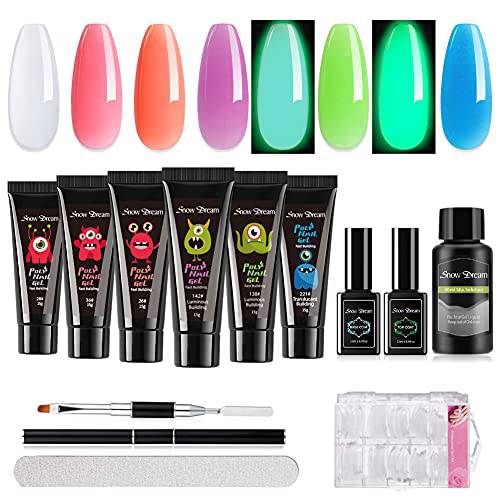 SnowDream Poly Nail Gel Kit, 4 Colors Clear Nude Pink Purple and 2 Colors Blue Glow in The Dark Nail Extension Builder Gel Enhancement Manicure Kit for Professional and Starter.