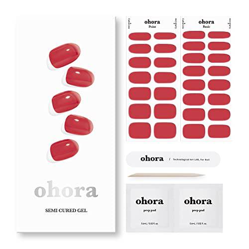ohora Semi Cured Gel Nail Strips (N Tint Brick) - Works with Any Nail Lamps, Salon-Quality, Long Lasting, Easy to Apply & Remove - Includes 2 Prep Pads, Nail File & Wooden Stick - Red