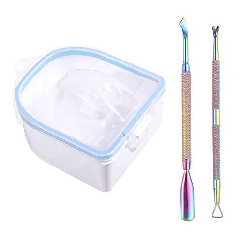 3 in 1 Professional Nail Soaking Bowl, Soak Off Gel Polish Remover Bowl Manicure Bowl for Acrylic Nails with Cuticle Peeler and Pusher for Salon Home Nail Art, Universal for Both Hands (Blue)
