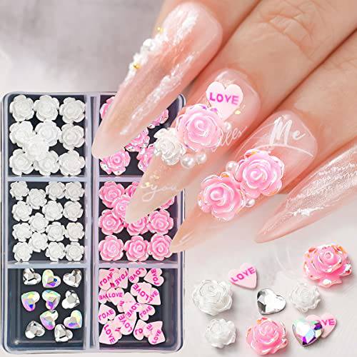 Flower Nail Charms for Nail Art, 3D Flower Nail Art Charms Heart Nail Flakes Heart Rhinestones for Nails, Valentine’s Day Nail Decorations Rose Flower Nail Designs Nail Art Accessories for Women Girls