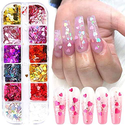 3D Heart Nail Glitter Sequins Heart Nail Art Stickers Decals Nail Art Supplies Heart Glitter Nail Flakes Holographic Confetti Nail Glitters for Acrylic Nails Designs Makeup DIY Decoration
