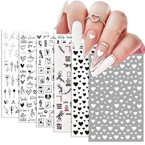 NICOLE DIARY Nail Art Stickers - 6 Sheet DIY Nail Decals, Lovely Heart / Letters / Mixed Design for Manicure, Nail Decorations for Women & Girls