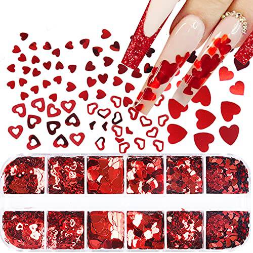 Red Heart Nail Art Glitter Valentine’s Day 3D Holographic Sparky Red Heart Nail Sequins Red Heart Glitters Flakes Acrylic Heart Nail Design Valentine’s Day DIY Decoration