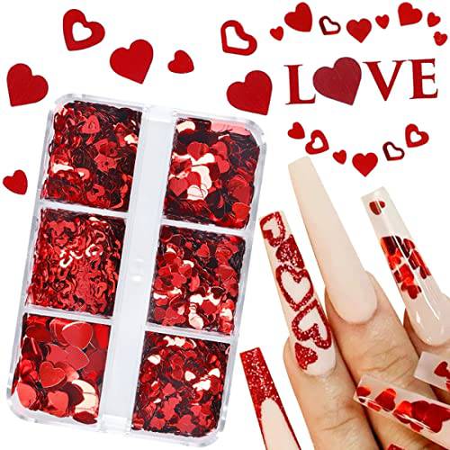 6 Grids Red Heart Nail Glitter Sequins 3D Heart Nail Art Stickers Decals Valentines Glitter for Nails Design Love Nail Flakes Valentines Day Nail Art Glitters Sparkle Acrylic Nail Decorations