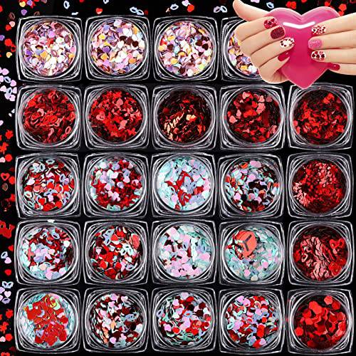 24 Boxes Valentines Day Nail Art Glitter, TOROKOM Holographic Nail Art Sequins Laser Love Heart Butterfly Bow Flakes Sparkly Confetti Paillettes for Girls Women DIY Nail Art Decoration