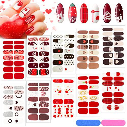 140 Pcs 10 Sheets Valentine’s Day Full Wrap Nail Stickers Nail Polish Strips Gradient Stickers Glitter Self Adhesive DIY Art Decals Strips with 2 Pcs Nail Files for Valentine Nail Decor (Sweet Style)