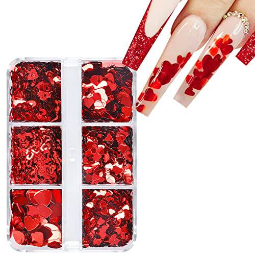 Red Heart Nail Art Glitter Valentine’s Nail Art Glitter 3D Holographic Sparky Heart Nail Sequins Red Heart Flakes Acrylic Nail Supplies Love Design Valentine’s Day DIY Decoration