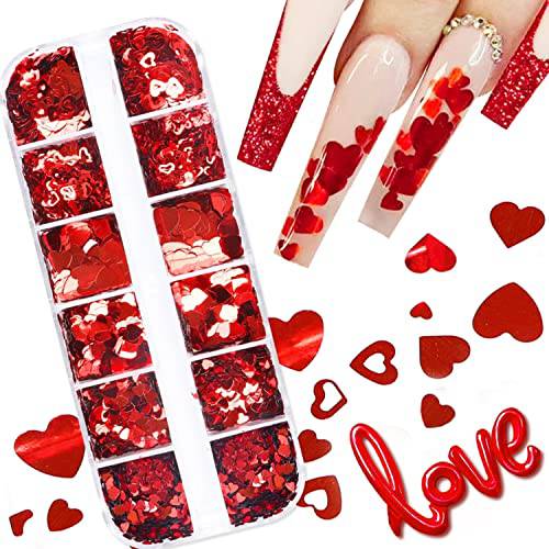 12 Grids Red Heart Glitter Nail Sequins 3D Valentine’s Day Nail Art Stickers Decals Love Nail Sequin Heart Nail Supplies Sparkle Nail Flakes Heart Design for Acrylic Nails Valentines Glitter Charms