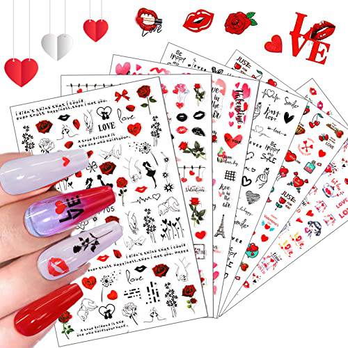 10 Sheets Valentine Heart Nail Art Stickers, 3D Self-Adhesive Nail Decals Red Lips Love Heart Kiss Angel Rose Flowers Nail Design for Women Girls DIY Acrylic Nail Decorations