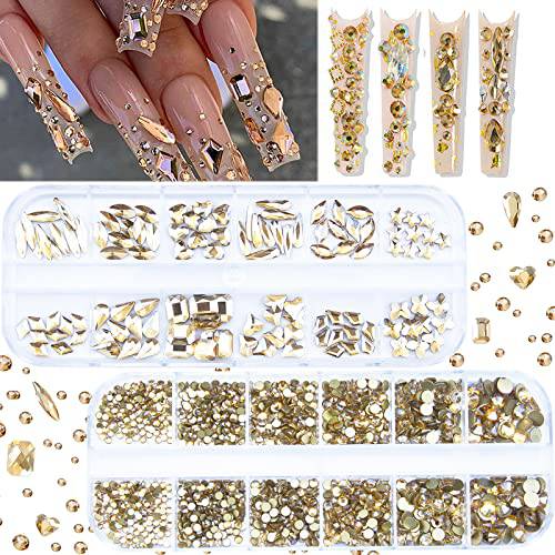 2120Pcs Champagne Gold Crystal Nail Rhinestones Round Beads Flatback Glass Gems Stones Multi Shapes Sizes Gold Rhinestones Nail Crystals for Nail DIY Crafts Clothes Shoes Jewelry