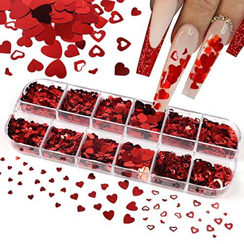 Heart Nail Art Decals Valentines Day Holographic Glitter 3D Red Heart Sequins Design Nail Art Sticker Decoration Nail Art Stickers for Women Festive Nail Decorations