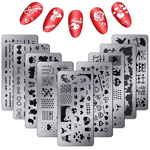 10 Pieces Valentine’s Day Nail Stamping Plates Heart Lips Flower Nail Stamper Templates Nails Print Image Plate Stamp DIY Manicure Tools for Women Girls Home Salon