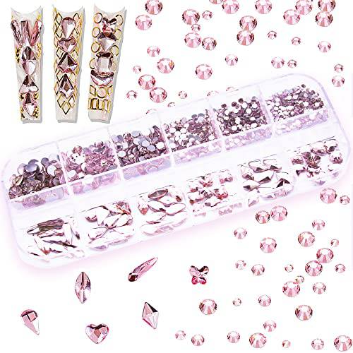 660Pcs Light Pink Rhinestones Crystals Gems Nail Art Flat Back Round Multi Sized Shapes Pink Gems Rhinestone Stones Beads for Nail Art DIY Jewelry Crafts Accessories