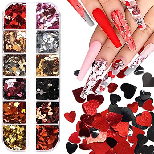 12 Grids 3D Heart Nail Glitter Sequins Valentines Day Nail Art Stickers Decals Gold Red Silver Heart Glitter Flakes Shiny Heart Nail Art Stickers Valentines Glitter for Nails Design Supplies