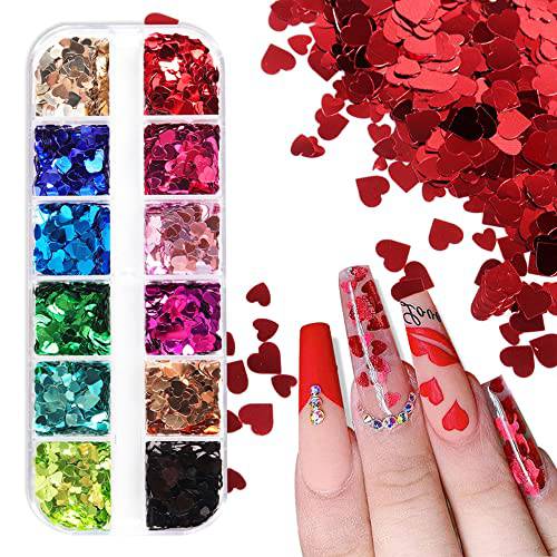Heart Glitter Sequins for Valentine’s Day Nail Art ,12 Colors 3D Holographic Sparkles Heart Shape Flakes Sticker Confetti Glitter Nail Decals for Nail Decoration Eye Face Body DIY Crafts