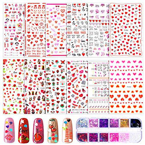 12 Sheets Valentine’s Day Nail Art Stickers Decals and 12 Color Heart Nail Glitter Sequins Set, Love Heart Red Lips Design Nail Decals and Laser 3D Nail Art Flakes for DIY Manicure Nail Art Decoration