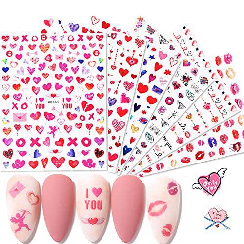 Hearts Nail Art Stickers Decals, 3D Self Adhesive Red Love Heart Valentine Day Nails Supplies Lips Cupid Arrow Angel Nail Design for Women Girls DIY Acrylic Nail Decoration 6 Sheets