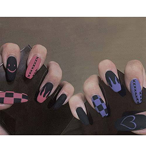 Eollan Matte Flame Press on Nails Black Long Fake Nails Heart Coffin False Nails Full Cover Acrylic Nails for Women and Girls (24PCS)(Flame-03)