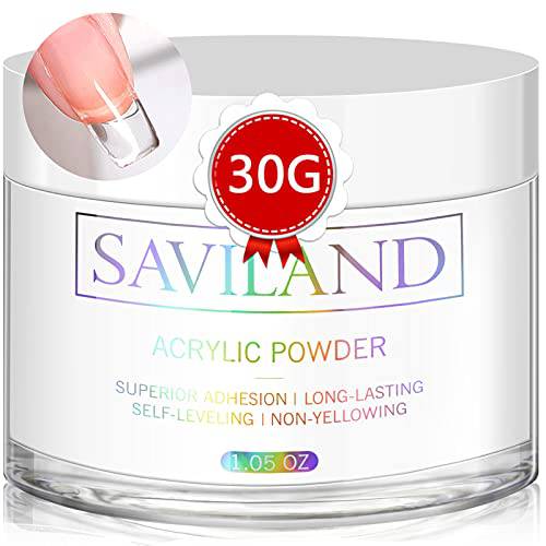 Saviland Clear Acrylic Powder - 30g Professional Acrylic Nail Powder for Acrylic Nails Extension, 3D Nail Art Polymer Powder, No Need Nail Lamp