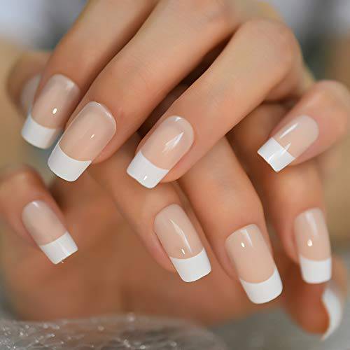 Fake Nails Medium Size Square Squoval Shape Predesigned Press on Nail (Nude French Nails)