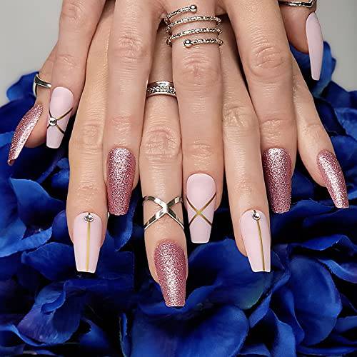 Hypnaughty 24 Pcs Pink Fantasy Matte and Glitter Design with Rhinestones Luxury Coffin Press on Nails with Glue Medium Long Reusable False Nails (Pink Fantasy)