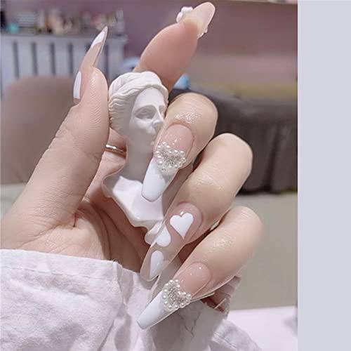 YOSOMK 3D Press on Nails Long White Pearl Heart Cute Fake Nails with Designs Glossy False Nails for Women Girls Stick on Nails with Glue on Acrylic Nail Tips