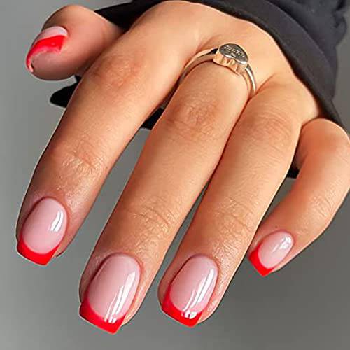 KXAMELIE Red French Tips Press on Nails Short with Designs Square Shape Glue on Nails Fake Nails for Women Acrylic Nails Press on Full Cover Coffin Nails 24 PCS False Nails