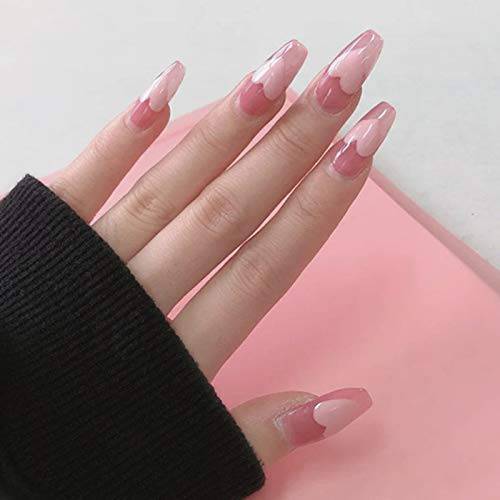 MISUD 24Pcs Long Fake Nails, Coffin False Nails, Glossy Full Cover Acrylic Nails, Cute Press on Nails for Girls and Women (Pink)