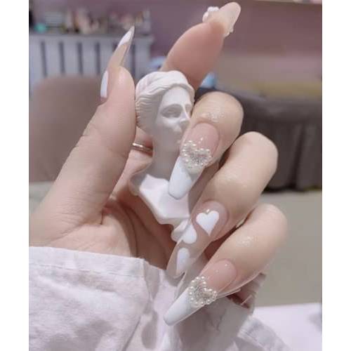 AHUADA Long Coffin Press on Nails: 24PCS White Splicing Acrylic Glue on Nails, Stick on Nails, Fake Nails with Butterfly Rhinestones, Full Cover False Nails Artificial Nail Tips for Women Girls