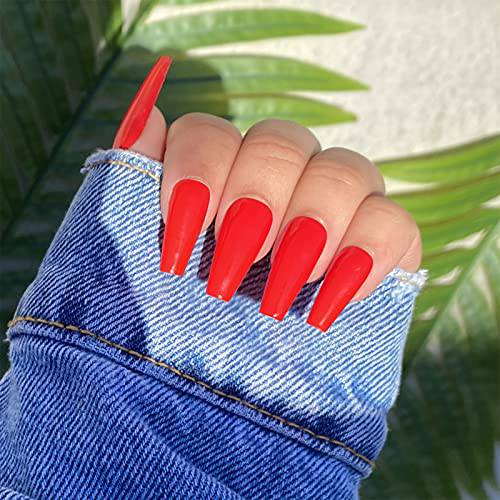 DazzyD Red Press on Nails (24 Pcs) No Glue Needed, Reusable Long Glossy Coffin False Nails, Ballerina Stick on Nails, Cute Nails for Women and Girls with Nail File Sticky Tabs