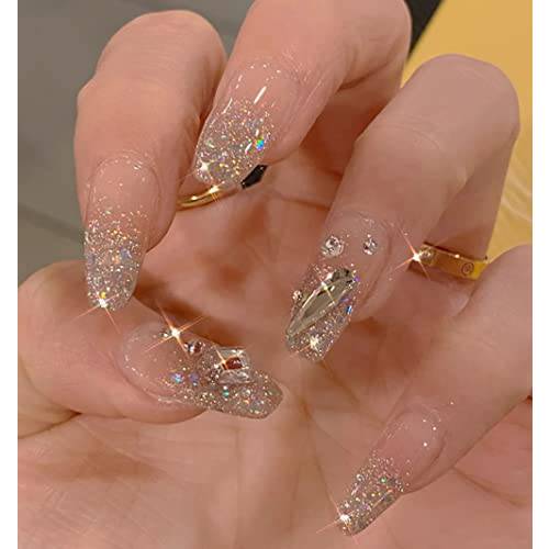Press on Nails Medium Length,Coffin Fake Nails,3D Rhinestones Pink Acrylic Nails Press on, Stick Glue on Nails Glossy Ballerina False Nails with Glue Sticker Full Cover Prom Nails for Women 24PCS