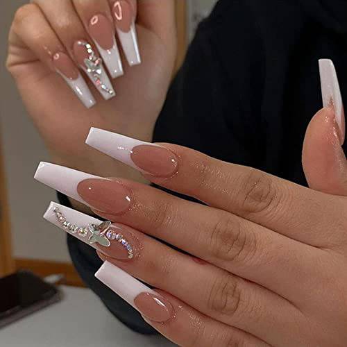 24Pcs Press on Nails Long - French Coffin Fake Nails - Ballerina False Nails Glossy Nude and White Butterfly Rhinestone Press on Nails with Designs Acrylic Nails Tips Glue on for Women Girls