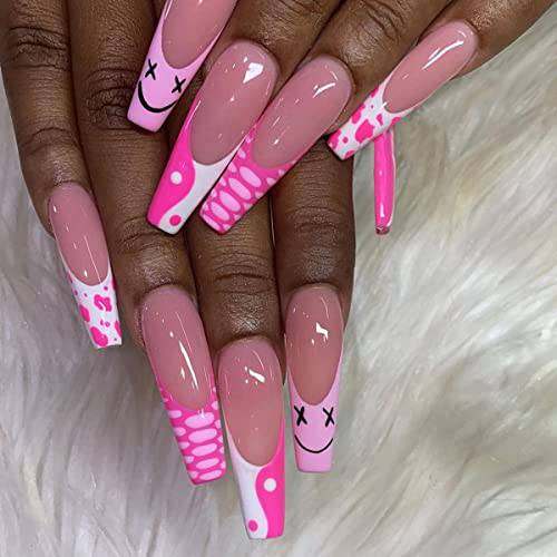 Press On Nails Long Coffin Fake Nails Glossy Pink Graffiti Press On False Nails Acrylic Stick Glue on Nails for Women Artificial Fake Nails with Design DIY Full Cover Manicure Tips 24PCS
