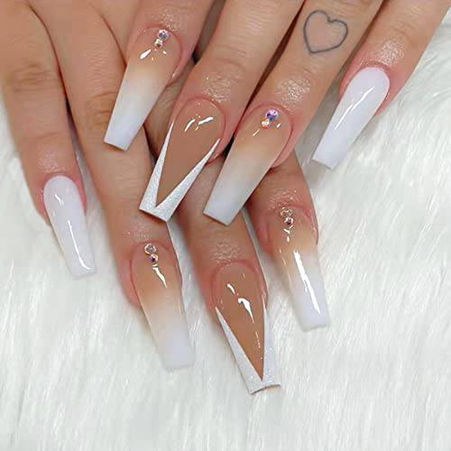 YOSOMK Gradient French Tip Press on Nails Long Coffin Fake Nails with Designs Glossy False Nails for Women Girls Stick on Nails with Glue on Acrylic Nail Tips