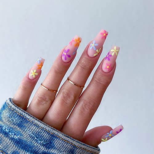 KXAMELIE Matte Nude Pink Press On Nails Medium, Glue on nails with Flowers Pattern,Coffin Square Stick on Nails,Full Cover Fake Nails,Cute Acrylic Nails Press on for Women Girls DIY Nail Manicure,24 PCS False Nails