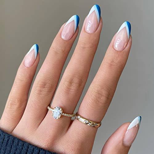 RikView French Press on Nails Medium Length Fake Nails Almond White & Blue Nails Glossy Acrylic Nails for Women