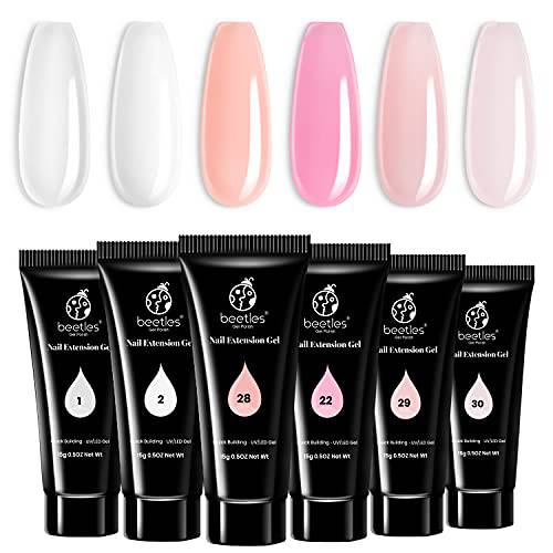 Beetles Poly Nail Extension Gel Kit, 6 Basic Colors Clear White Nail Builder Gel Pink Nude Poly Nail Enhancement French Manicure Kit Trial Nail Art Design Easy DIY Salon Nail At Home Mother’s Day Gift for Women