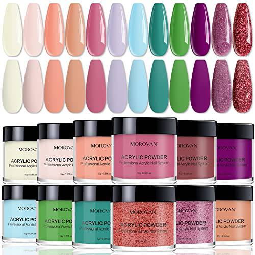 Morovan Color Acrylic Powder for Nails - 12 Colors Acrylic Nail Powder Pure Color and Glitter Professional Polymer Colored Acrylic Nail Powder for Acrylic Nails Extension Carving