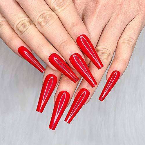Artquee 24pcs Red Pure Color Ballerina Long Coffin Glossy Fake Nails Press on Nail False Tips Manicure for Women and Girls