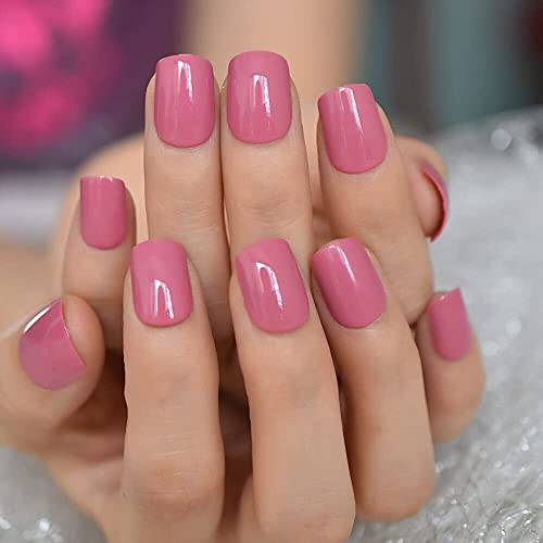 Coolnail Reuseable Shiny Press on Fake Nails Dark Pink Square Short Gel Cover False Fingernails Manicure Art Tips 24pc for Women and Girl