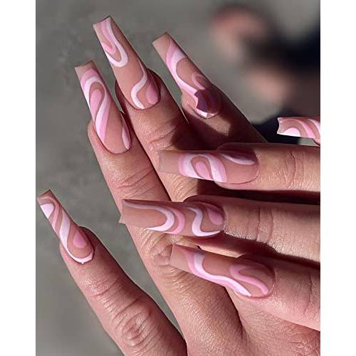 JUSTOTRY 24 Pcs Matte Coffin Press on Nails with Design,Acrylic Pink Swirl Fake Nails,Glossy Extra Long Stick on Nails for Women,Artificial Glue on Nails, Full Cover Nail Tips Set for Nail Decor
