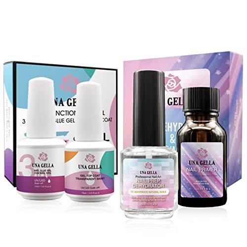 UNA GELLA 3in1 Nail Glue Gel with Nail Primer Nail Prep Dehydrator 3 in 1 Base Nail Gel Top Coat Nail Glue for Gel Polish Glue On Nails for Acrylic Nails Tips Prepare Set for Home DIY and Salon