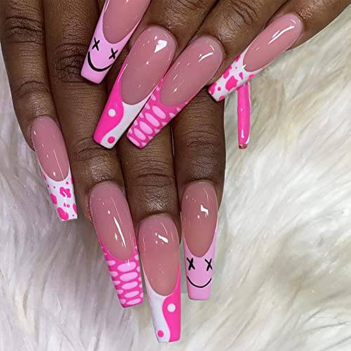 YOSOMK Press on Nails Long Pink Cute Fake Nails with Designs Glossy False Nails for Women Girls Stick on Nails with Glue on Acrylic Nail Tips
