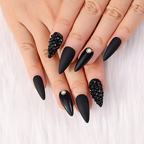 Artquee 24pcs Press on Nails Black Medium Long Almond Stiletto Matte Mixed Glossy Fake Nails False Tips Manicure for Women and Girls Including 2pcs 3D Rhinestones Nails and 2pcs Gold Nail Studs