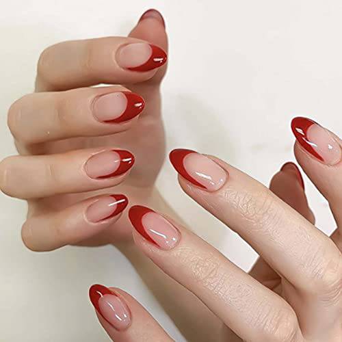 Kamize Press on Nails Medium French Fake Acrylic Nails Full Cover Red False Nails for Women and Girls24PCS