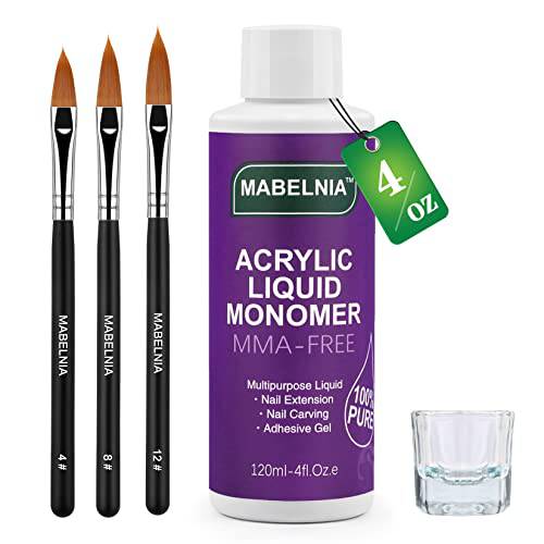MABELNIA Monomer Acrylic Nail Liquid 4oz for Acrylic Powder - Professional MMA-Free Non-Yellowing Formula Acrylic Liquid Monomer Nail Kit For Acrylic Nail Extension