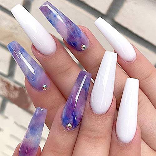 YOSOMK 24PCS Press on Nails Long Coffin Fake Nails with Designs Glossy False Nails for Women Girls Stick on Nails with Glue on Acrylic Nail Tips (White+Blue sky)