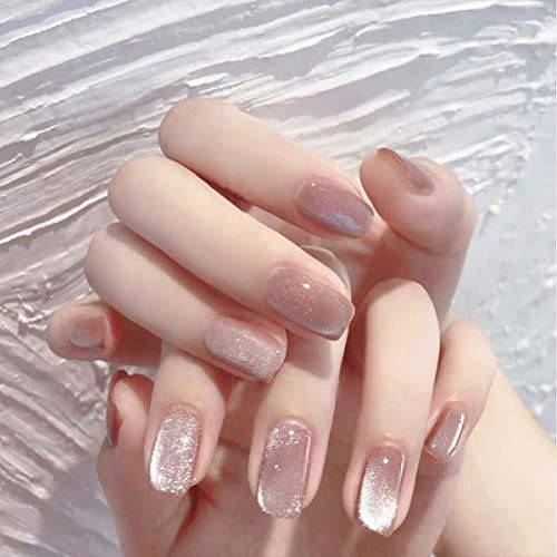 Press on Nails Cat Eye Effect Glossy Full Cover Fake Nails Short,Almond Nails Full Cover False Nails for Women and Girls,24 Pcs Acrylic Nail Tips with Adhesive Tabs